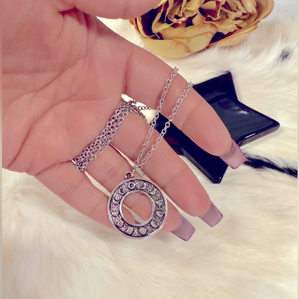 Sterling Silver plated Necklace moon phases cycle lunar Viking Celtic Celestial